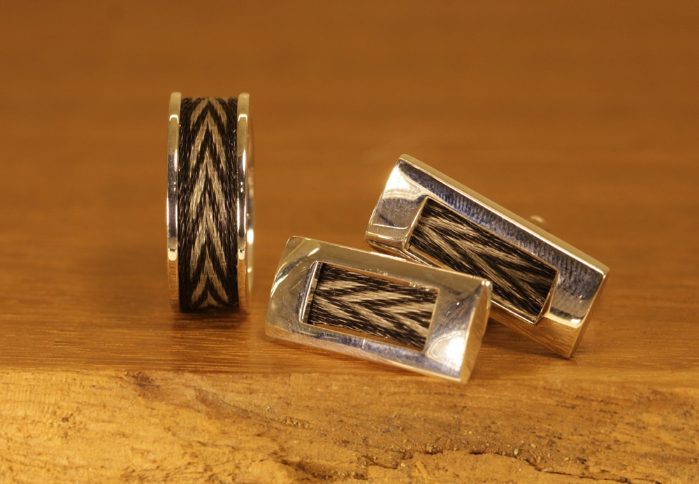 jewelery set for men - silver ring and cufflinks with woven horse hair