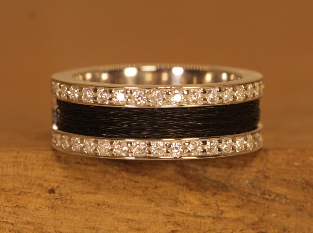 horse hair jewelry - silver ring with cubic zirconia and black woven horse hair