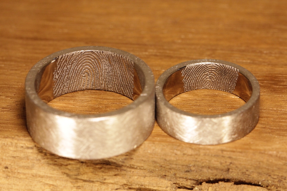 wide square wedding rings with laser engraved fingerprint