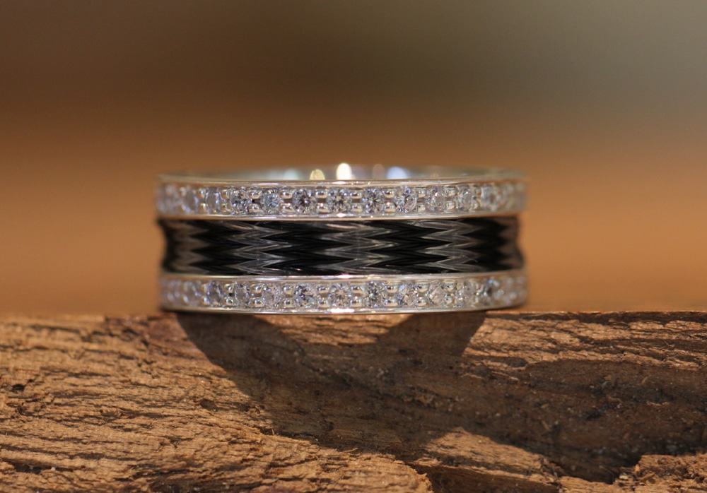 Horse hair jewelry - silver ring with woven horse hair and white zirconias