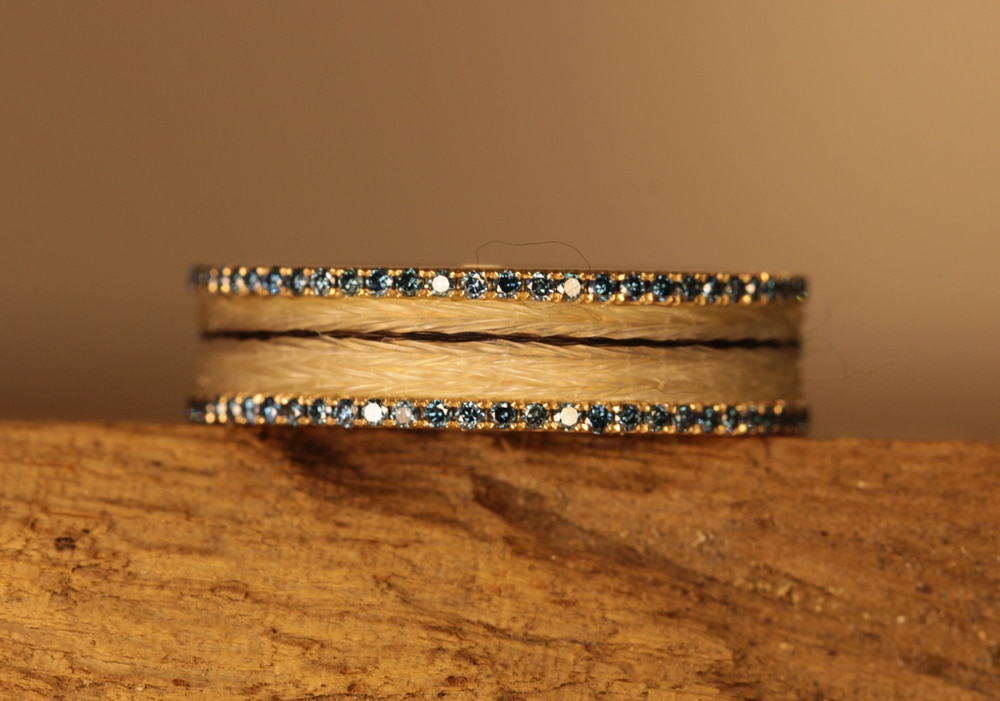 Horse hair jewelry - ring with blue diamonds