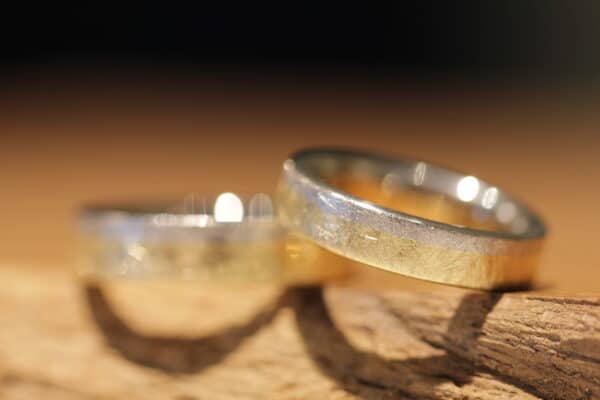 Fedi nuziali nobili bicolore anelli a disco in platino 950 e oro giallo 750, ghiaccio opaco
