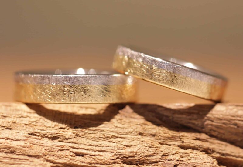 Nobles anillos de boda de dos tonos anillos de disco de platino 950 y oro amarillo 750, mate hielo