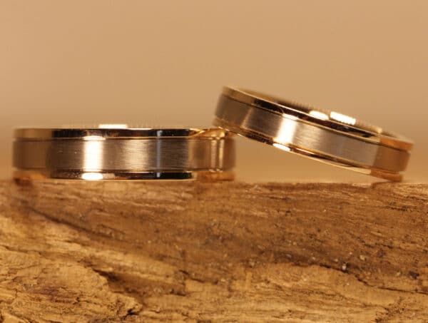 Wedding rings Disc rings made of 585 gray gold and red gold, lengthways matt and polished edges